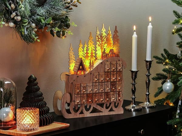 Juldekoration Ljus Poppelträ LED Ljus Släde Advent Kalender Skandinavisk Dekoration