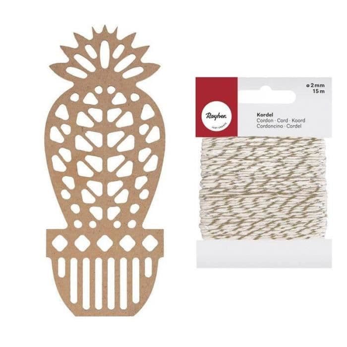 Träsilhuett Kaktusboll 15 cm + Guld & vitt snöre 15 m