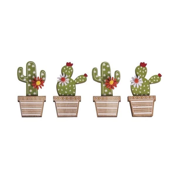 Kaktus-träminiatyrer, 3,1x6,5cm, med självhäftande prickar, flikpåse 4st