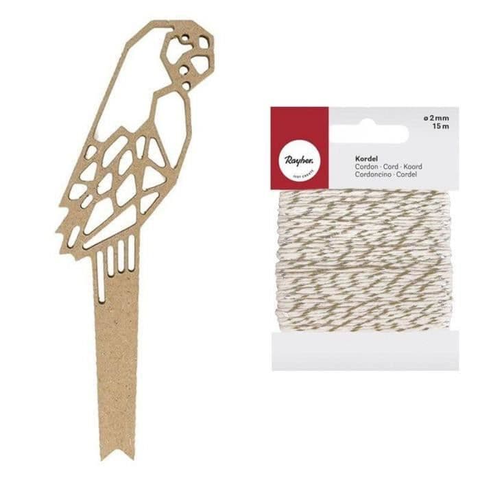 Papegoja träsiluett 25 cm + Guld & vitt snöre 15 m