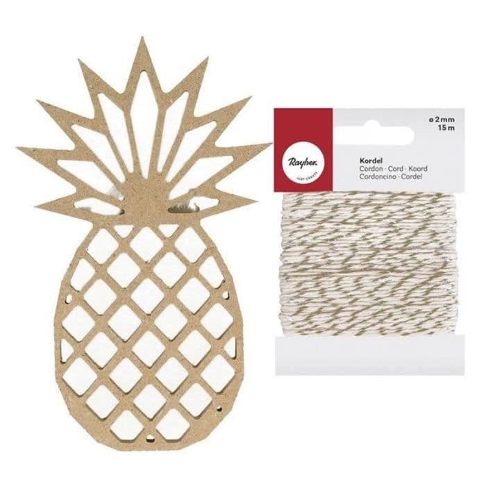 Ananas träsiluett 15 cm + Guld & vitt snöre 15 m