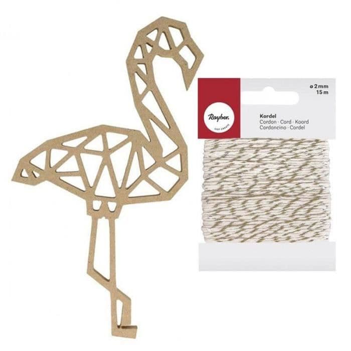 Flamingo träsiluett 25 cm + Guld & vitt snöre 15 m