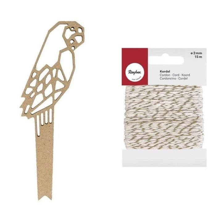 Origami Parrot MDF träsiluett 15 cm + Guld & vitt snöre 15 m
