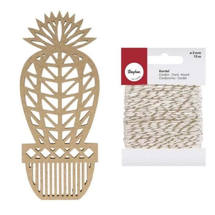 Träsilhuett Kaktusboll 25 cm + Guld & vitt snöre 15 m