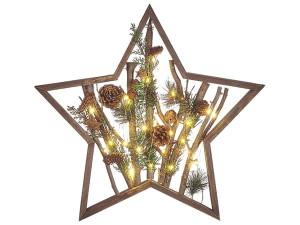 Dekorativ Figur Julstjärna Mörk Furuträ 46 cm med Tallkottar LED-ljus Rustik Boho Design