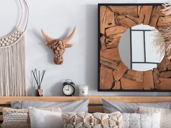 Veggdekorasjon Lyst tre Teak 34 x 28 cm Oksehode med horn Rustikk