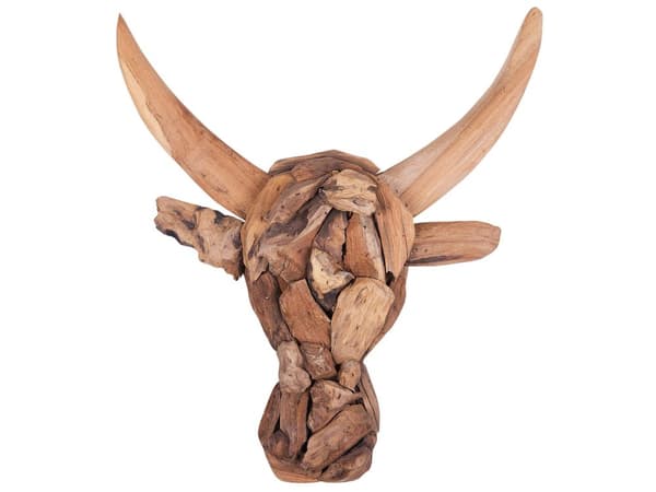 Veggdekorasjon Lyst tre Teak 34 x 28 cm Oksehode med horn Rustikk