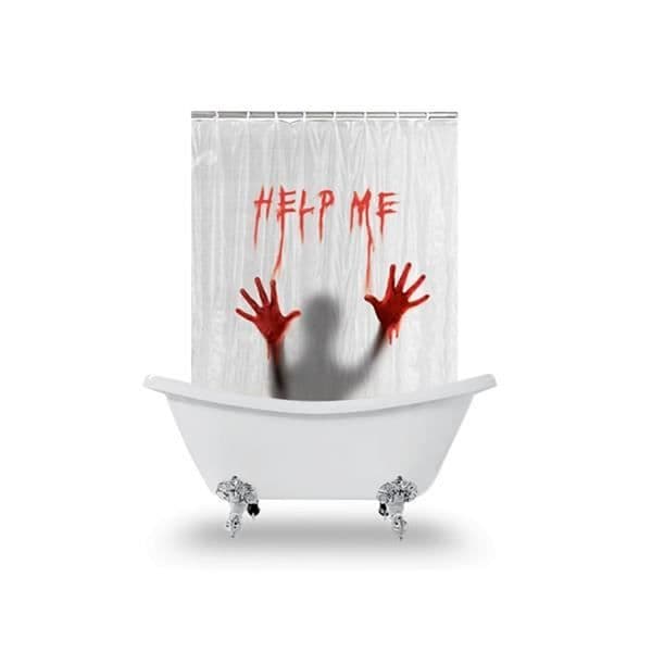 Det blodiga Help Me-duschdraperiet med ovanlig design för heminredning