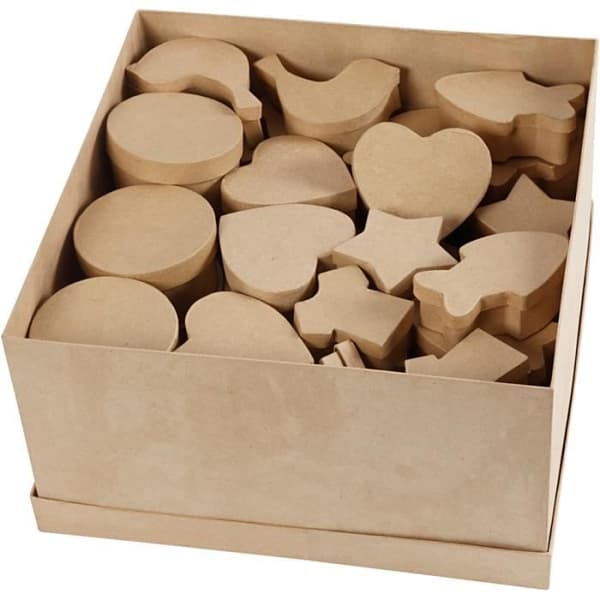 Sortiment av papier-maché lådor - 7 olika former - 6 till 11 cm - 63 st