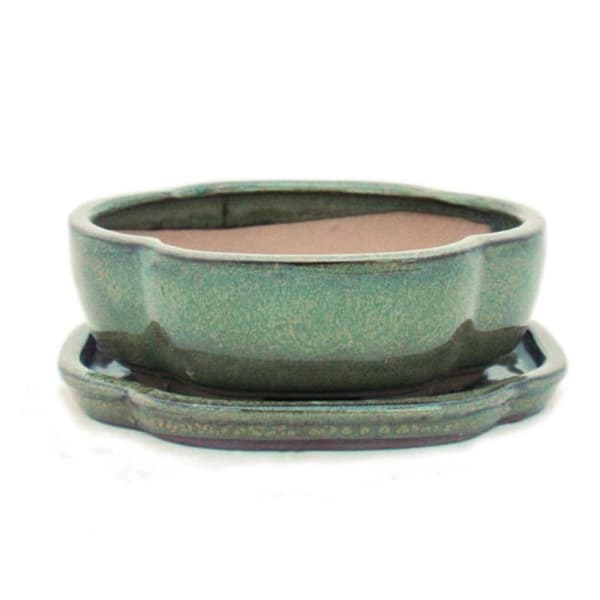 bonsai skål med fat storlek 3 - olivbrun - haitang/oval - modell i5 - l 17cm - b 14cm - h 5,5cm