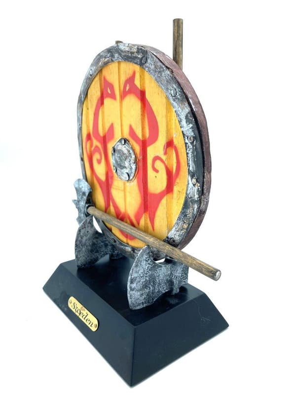 Viking shield hand painted yellow with axes