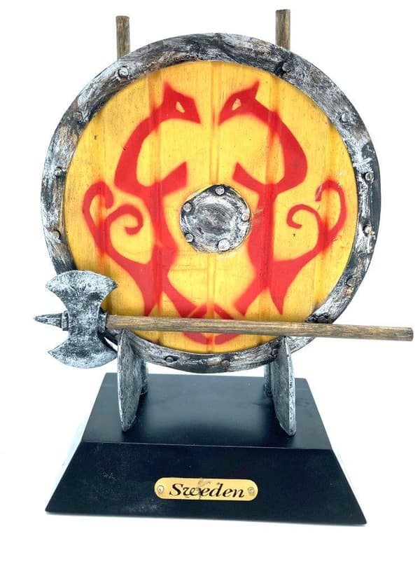 Viking shield hand painted yellow with axes