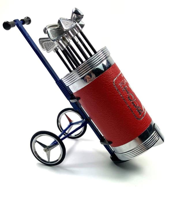 Miniature metal caddy bag decoration