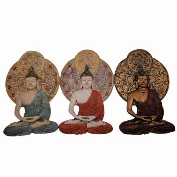 Veggpryd DKD Home Decor 20 x 4 x 30,3 cm Rød Blå Gyllen Buddha Orientalsk (3 Deler)