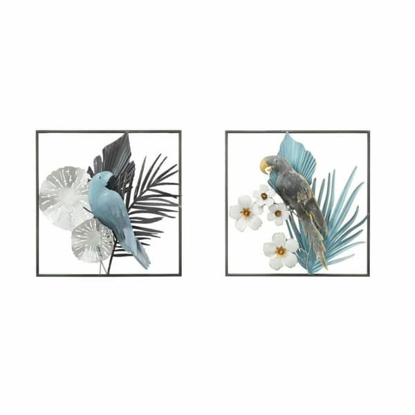 Seinäkoriste DKD Home Decor 50 x 7,6 x 50 cm Musta Harmaa Sininen Papukaija Trooppinen (2 osaa)