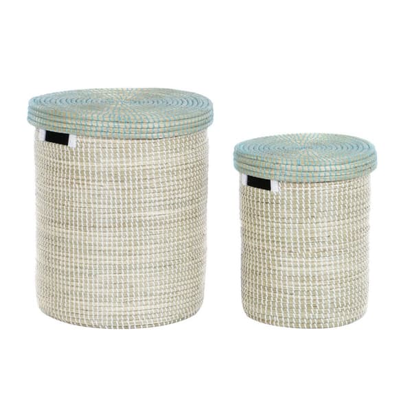 Korg - set DKD Home Decor Blå Vit Naturell Sjögräs 44 x 44 x 51 cm