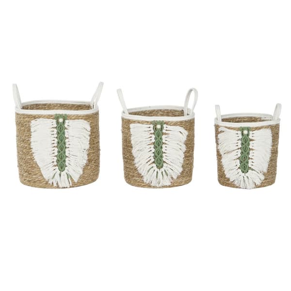 Kurvesæt Home ESPRIT Hvid Grøn Natur Naturlig fiber Tropisk 39 x 39 x 47 cm (3 Dele)