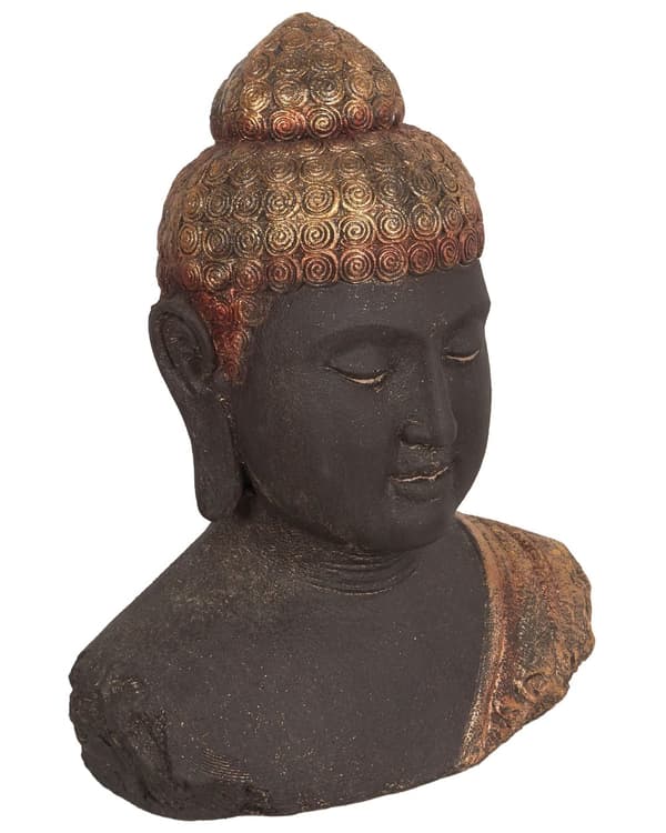 Dekorativ figur i sort og guld med buddha-dekoration i ældet finish til indendørs brug