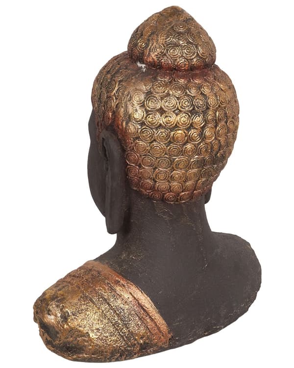 Dekorativ figur i sort og guld med buddha-dekoration i ældet finish til indendørs brug