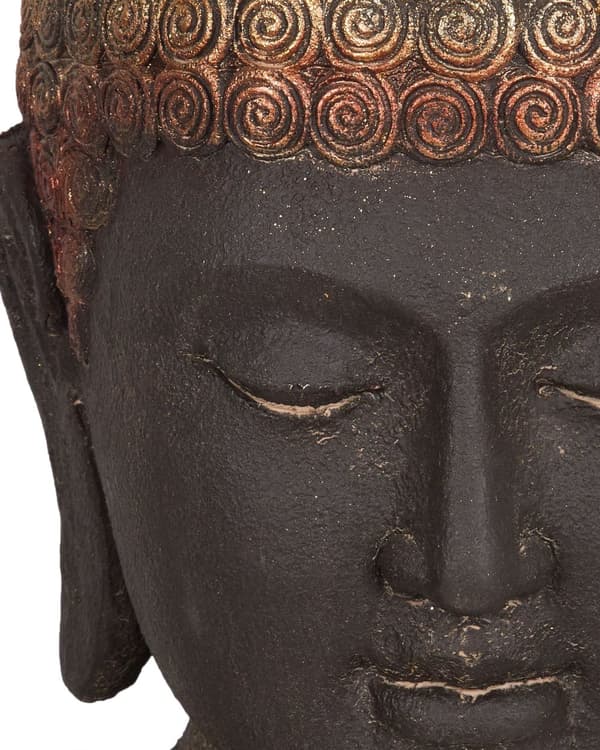 Dekorativ figur i sort og guld med buddha-dekoration i ældet finish til indendørs brug