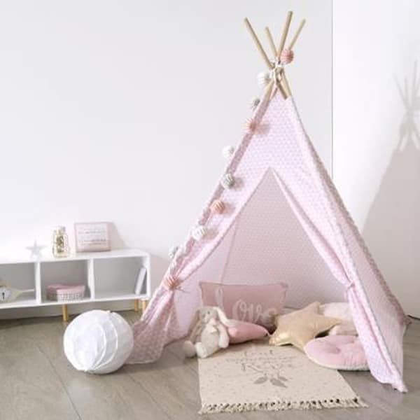 Tipi dekoration för barn i trä och polyester färg rosa - Mått: L 120 x B 160 x H 120 cm