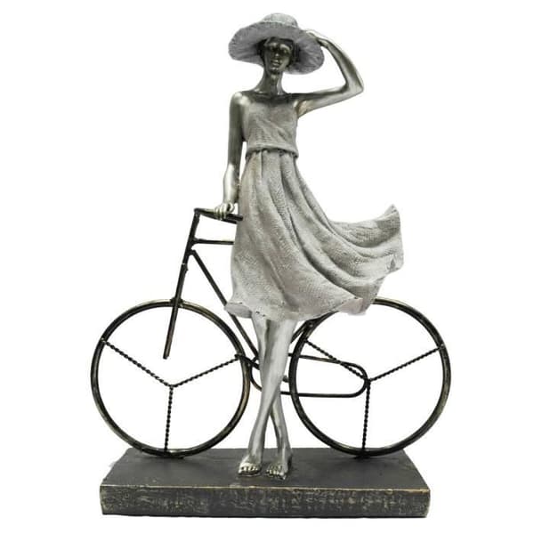 dekorativ statyett kvinna silver cykel metall harts (27,5 x 9,5 x 34,5 cm)