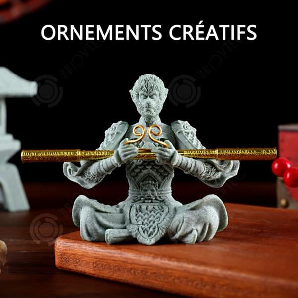 INN Ornament 16,5x15x8cm grön sandsten Sun Wukong mytologisk gud svart Buddha apa skrivbordsprydnad landskap små dekorativa föremål