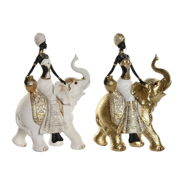 Dekorativ figur Home ESPRIT Hvid Sort Gylden Elefant Afrikansk kvinde 21 x 11 x 32 cm (2 enheder)