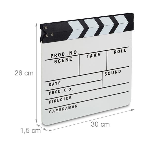 Relaxdays Movie Clapperboard Hollywood Movie Clapperboard Scene Dekorativa bokstäver HxBxD: 26 x 30 x 30 cm, Vit