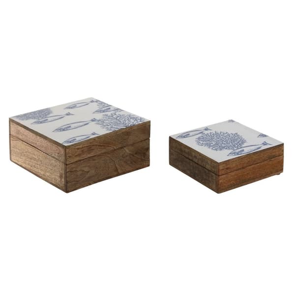 Smyckeskrin Home ESPRIT Blå Vit Naturell Mangoträ 18 x 17 x 8,5 cm (2 antal)