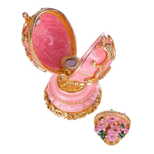 danila-souvenirs Fabergé ägg Vårblommor med korg 8,5 cm, rosa