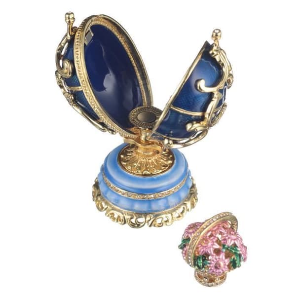 danila-souvenirs Fabergé ägg Vårblommor med korg 8,5 cm, blå