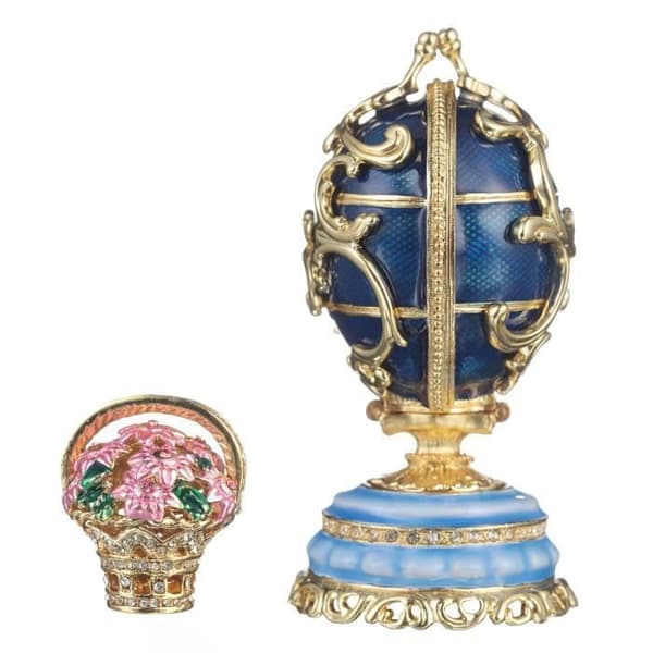 danila-souvenirs Fabergé ägg Vårblommor med korg 8,5 cm, blå