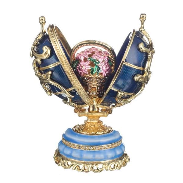 danila-souvenirs Fabergé ägg Vårblommor med korg 8,5 cm, blå