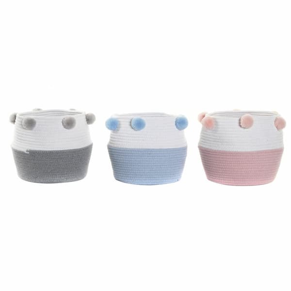 Kurv DKD Home Decor Grå Himmelblå Lyserød Pomponer 30 x 30 x 26 cm Træ (3 enheder) (12 enheder)
