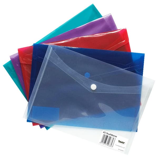 Tiger Stationery Plastic Stud Wallets/Folders (Pack Of 5)
