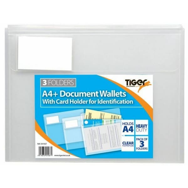 Tiger Stationery A4 Document Wallet (Pack of 3) Transparent One Size