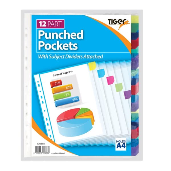 Tiger Stationery A4 Punched Pockets (Pack of 10) White One Size