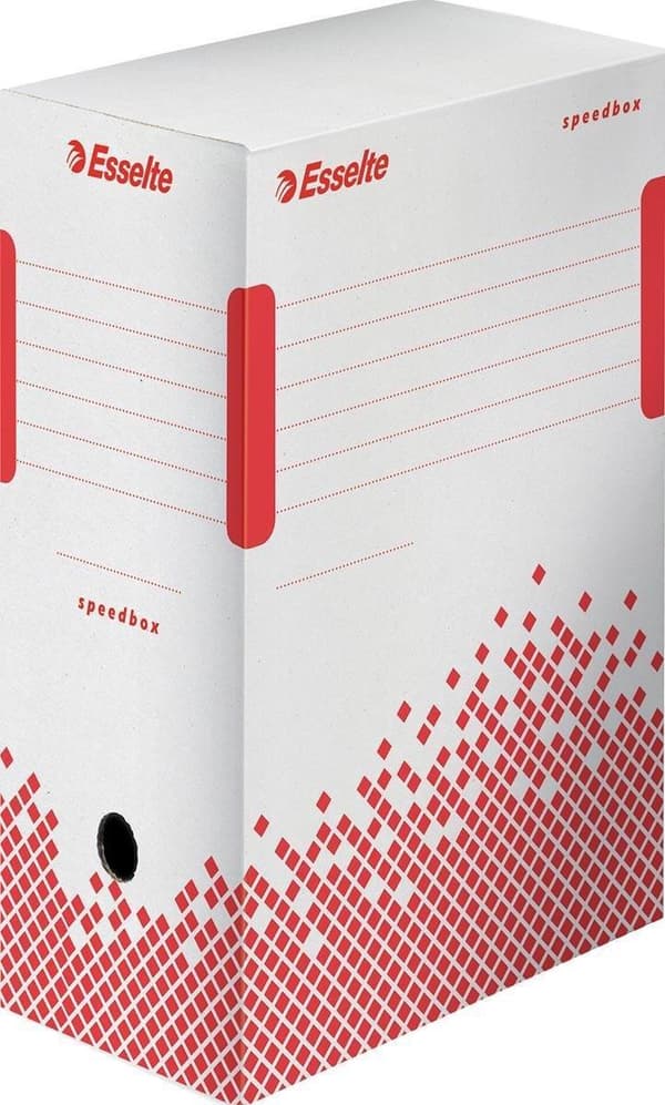 Esselte Speedbox Sustainable File Box 150 - 15x25x35cm (LxKxL) - 100% kierrätettävä - valkoinen/punainen