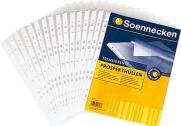 Soennecken esiteholkki DIN A4, ylhäältä avoin ja rei'itetty sivu, 11 reikää, pysyvä, 0,06 mm, polypropeeni, läpinäkyvä, rakeinen, 100 kpl/pakkaus.