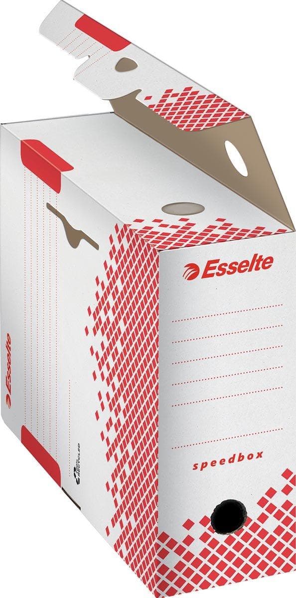 Esselte Speedbox Sustainable File Box 100 til A4-dokumenter - 10x25x35cm (BxHxL) - 100 % genanvendelig - Hvid/Rød