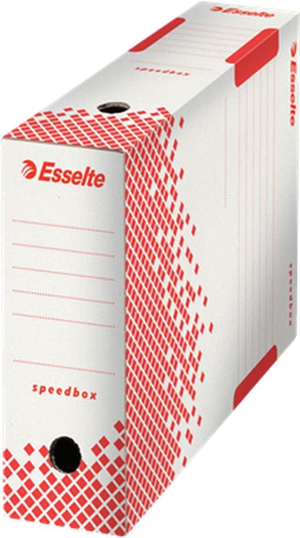 Esselte Speedbox Sustainable File Box 100 til A4-dokumenter - 10x25x35cm (BxHxL) - 100 % genanvendelig - Hvid/Rød