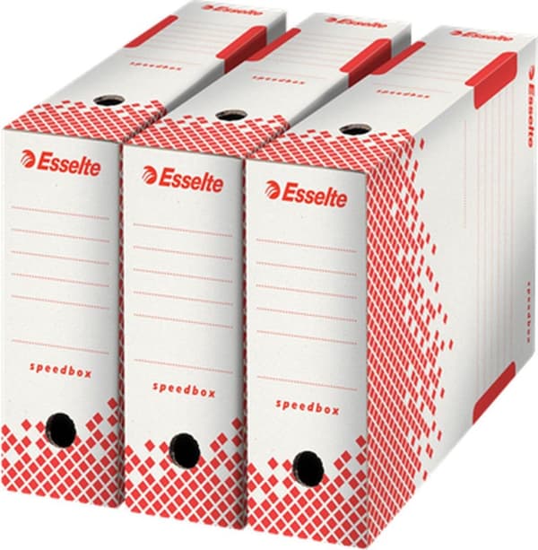 Esselte Speedbox Sustainable File Box 100 til A4-dokumenter - 10x25x35cm (BxHxL) - 100 % genanvendelig - Hvid/Rød