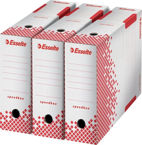 Esselte Speedbox Sustainable File Box 100 til A4-dokumenter - 10x25x35cm (BxHxL) - 100 % genanvendelig - Hvid/Rød