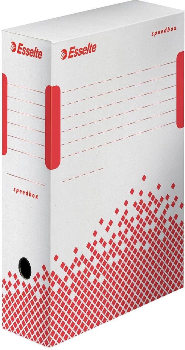Esselte Speedbox Sustainable File Box 100 til A4-dokumenter - 10x25x35cm (BxHxL) - 100 % genanvendelig - Hvid/Rød