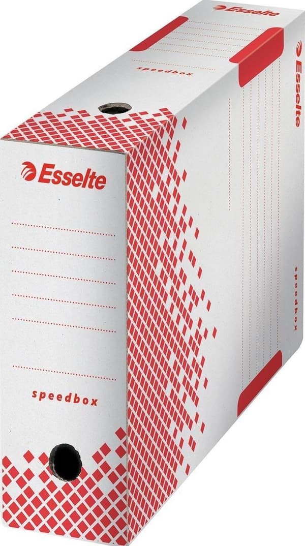 Esselte Speedbox Sustainable File Box 100 til A4-dokumenter - 10x25x35cm (BxHxL) - 100 % genanvendelig - Hvid/Rød