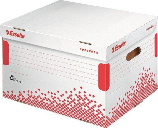 Esselte SPEEDBOX arkivhængslet lågkasse til mapper, hvid/rød til DIN A4 format, fremstillet af 100% genbrugspap, 100% - 15 stk. (623914)