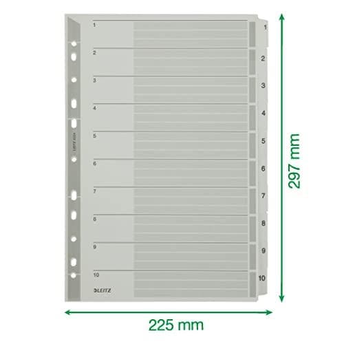 Leitz-rekisteri A4, kansilehti ja 10 jakajaa, kielekkeet painettu numeroilla 1-10, rei'itetty reuna ja värilliset kielekkeet, kalvovahvistettu (Mylar)