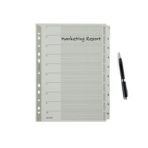 Leitz-rekisteri A4, kansilehti ja 10 jakajaa, kielekkeet painettu numeroilla 1-10, rei'itetty reuna ja värilliset kielekkeet, kalvovahvistettu (Mylar)