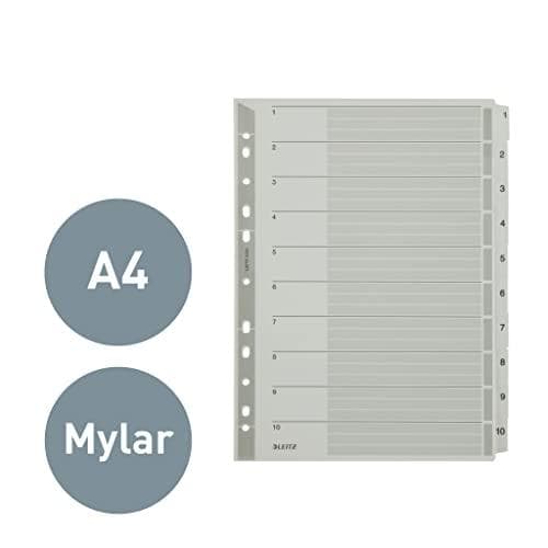 Leitz-rekisteri A4, kansilehti ja 10 jakajaa, kielekkeet painettu numeroilla 1-10, rei'itetty reuna ja värilliset kielekkeet, kalvovahvistettu (Mylar)